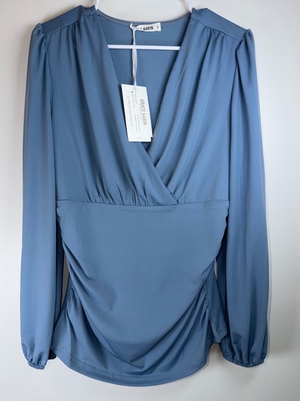 Grace Karin NWT Blue Ruched Blouse Long Sleeve Medium